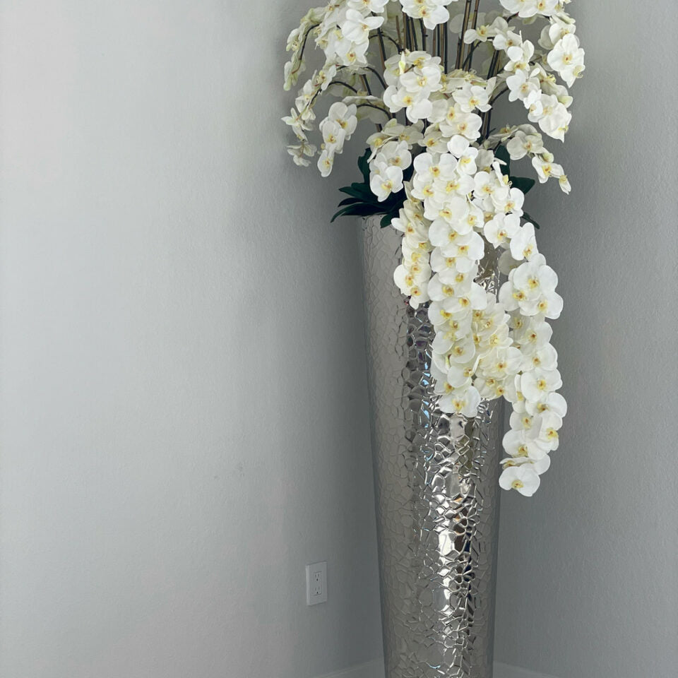 Cascading Phalaenopsis orchids, extra tall hammered vase