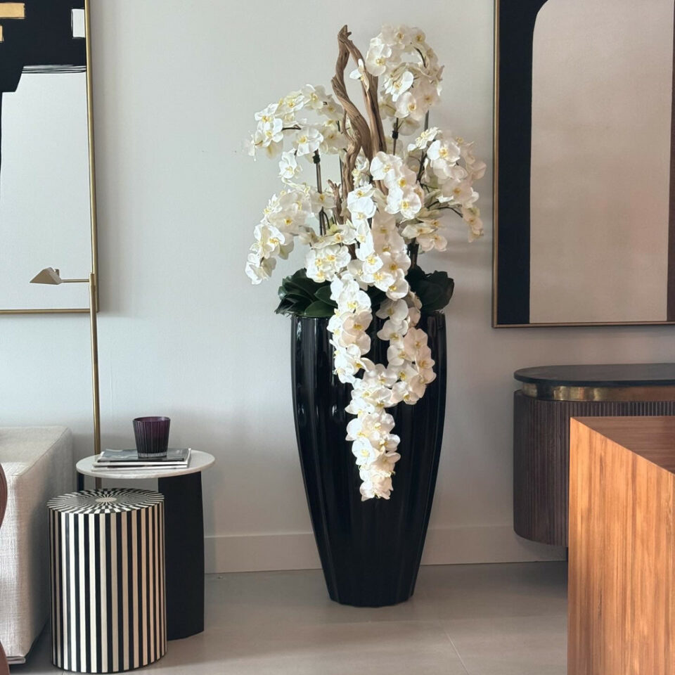 Glossy black San José vase with white orchid cascade