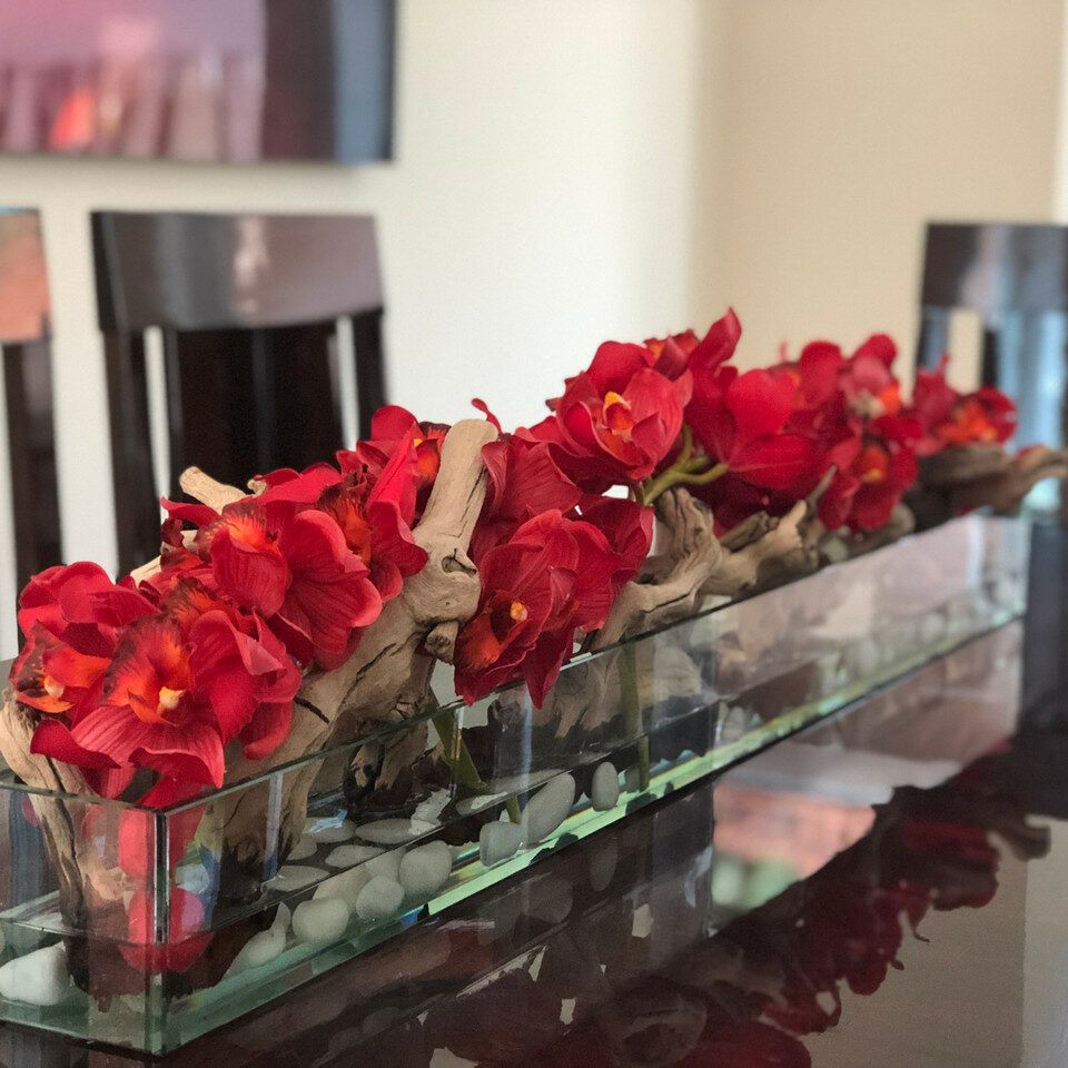 Modern Home 48" Glass Planter with Red Cymbidiums