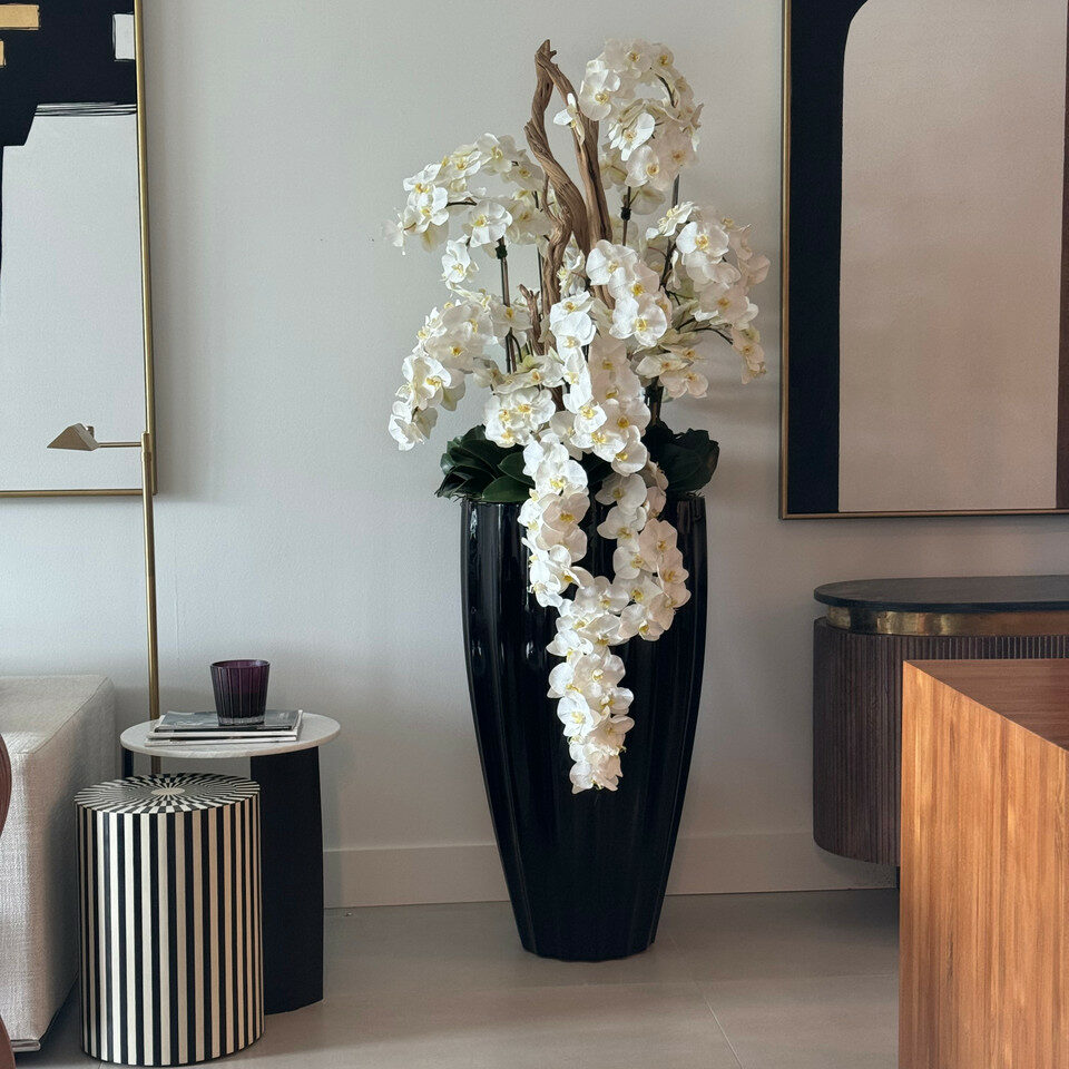 Glossy black San José vase with white orchid cascade