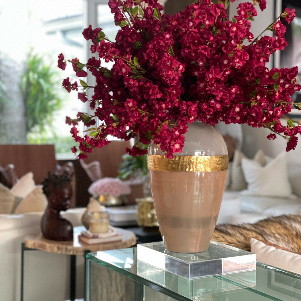 Goddess vase with burgundy cherry blossoms