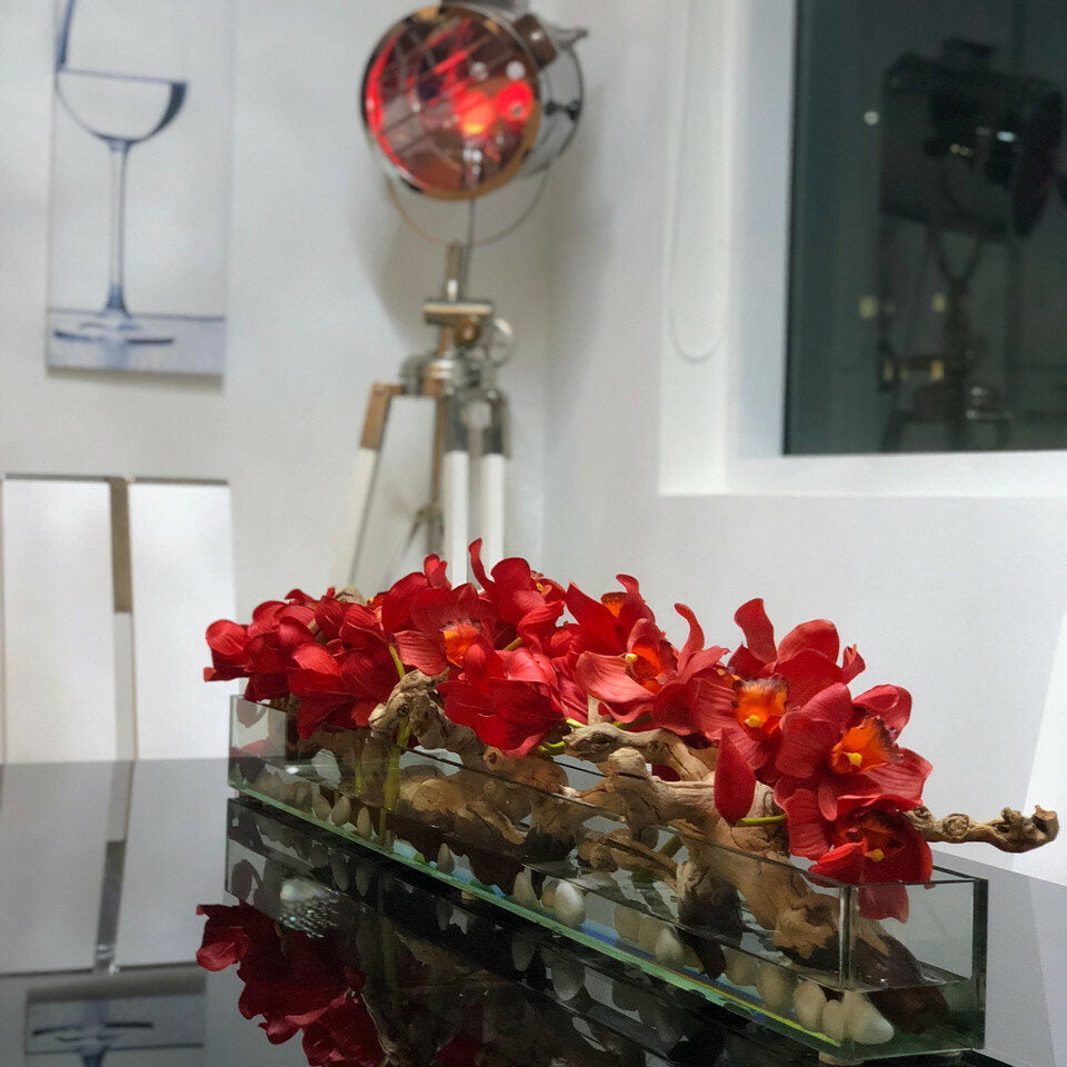 Modern Home 48" Glass Planter with Red Cymbidiums