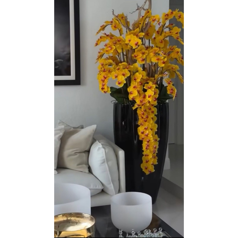 Glossy black San José vase with yellow orchid cascade