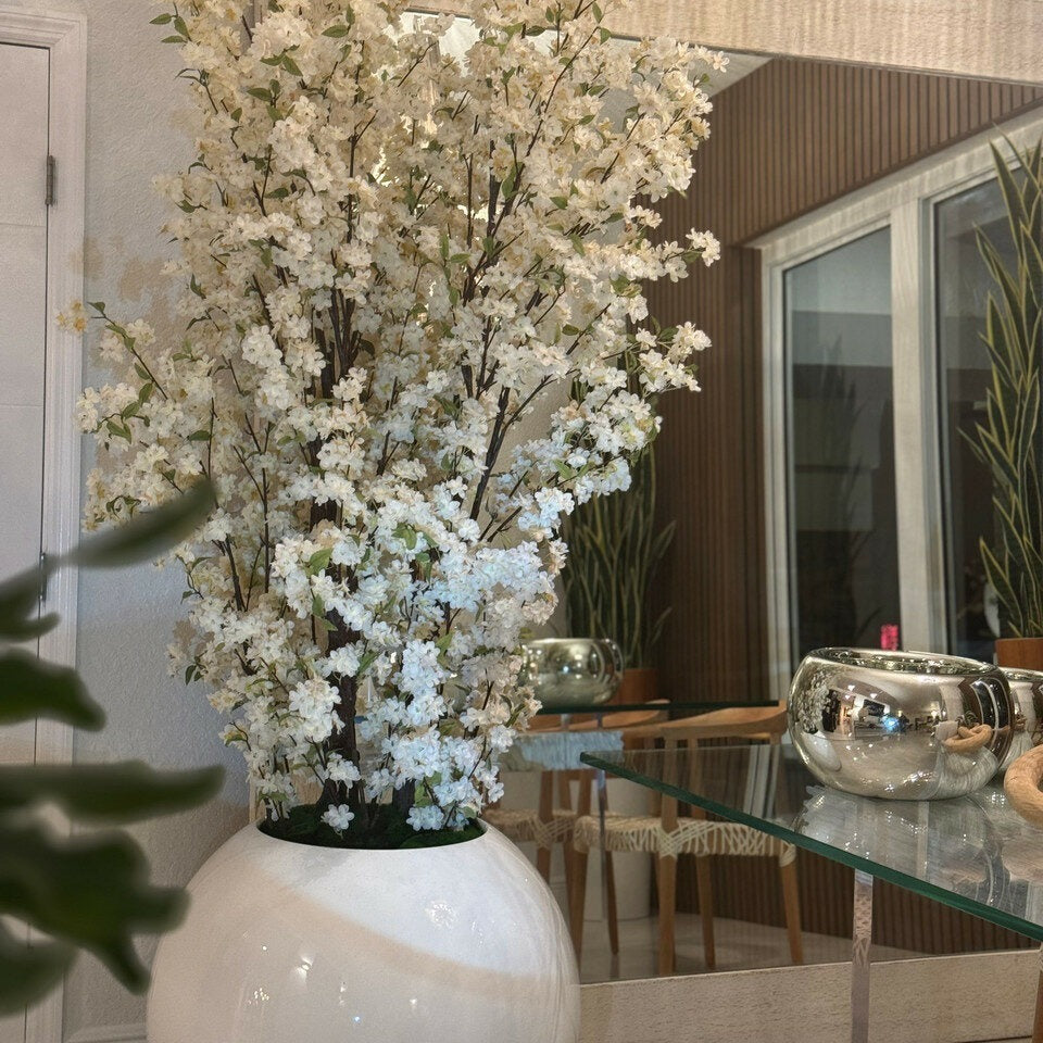 76 cm glossy white ball vase with white cherry branches