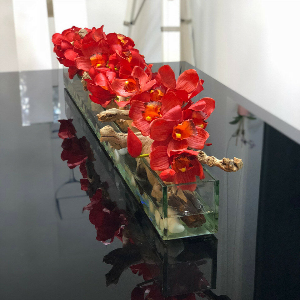 Modern Home 48" Glass Planter with Red Cymbidiums