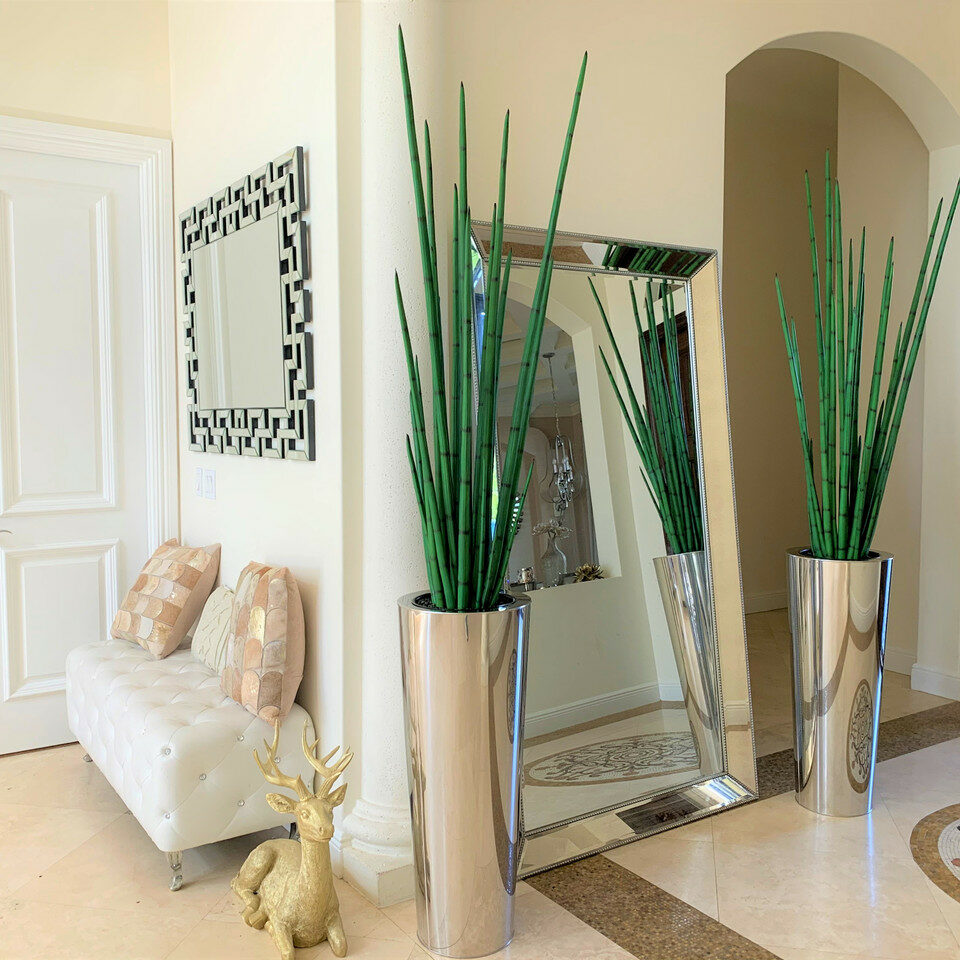 Large conical vase made of polished stainless steel with a large snake grass plant