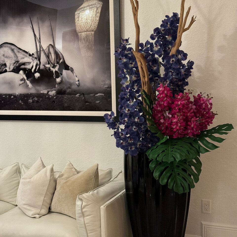 Glossy black San José vase with Vanda orchids