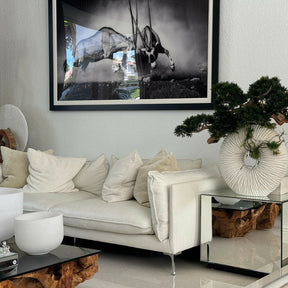 Large eternity vase with hanging bonsai and driftwood