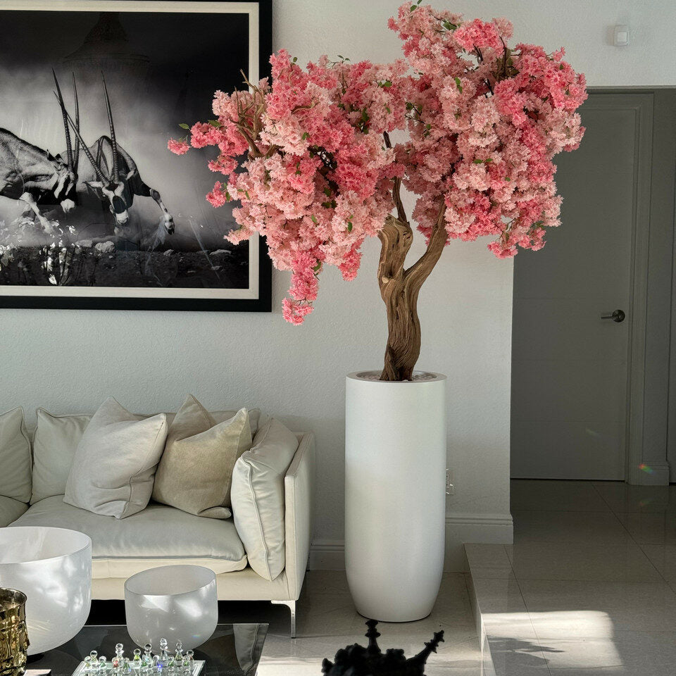 Matte white Saint-Tropez vase with personalized pink cherry blossom