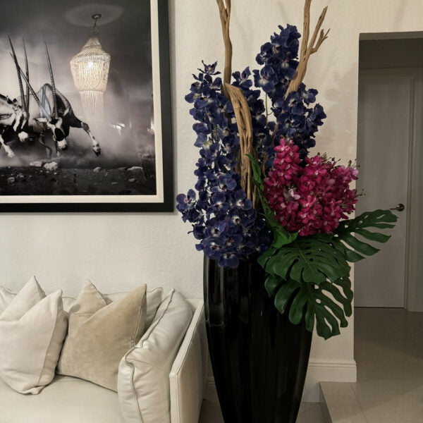 Glossy black San José vase with Vanda orchids