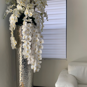 Cascading Phalaenopsis orchids, extra tall hammered vase