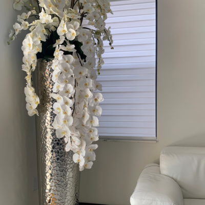 Cascading Phalaenopsis orchids, extra tall hammered vase