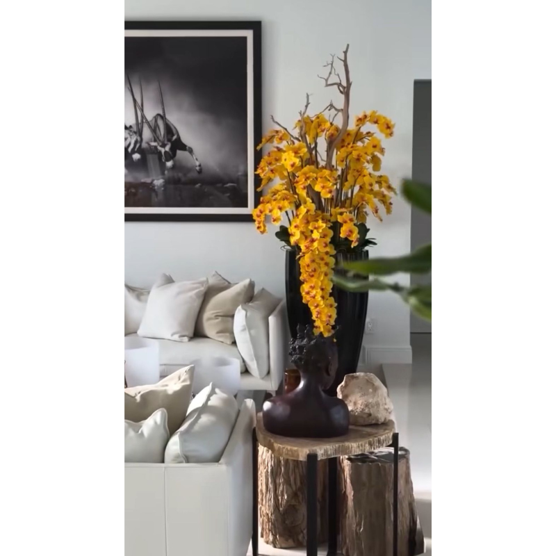 Glossy black San José vase with yellow orchid cascade
