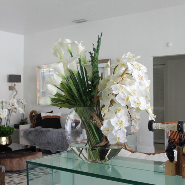 Moon vase with mixed bouquet