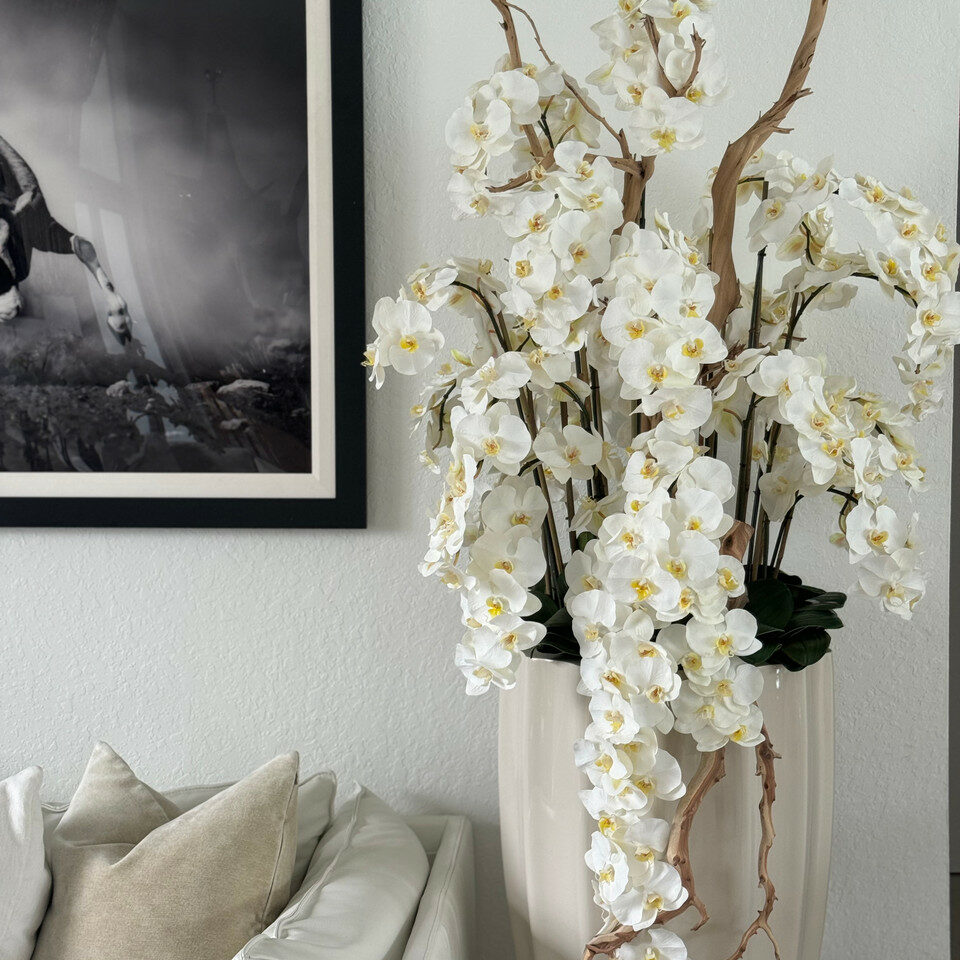 Sand beige vase “San Jose” with cascading white orchids