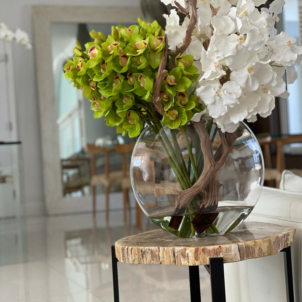Moon vase with white Vanda orchids and green Cymbidiums