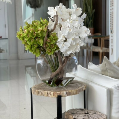 Moon vase with white Vanda orchids and green Cymbidiums