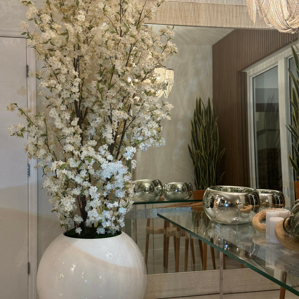 76 cm glossy white ball vase with white cherry branches