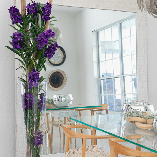 Purple Vanda orchids and driftwood in a conical glass cylinder