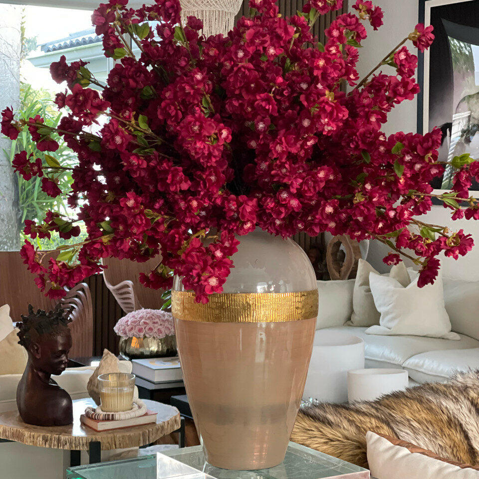 Goddess vase with burgundy cherry blossoms