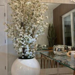 76 cm glossy white ball vase with white cherry branches
