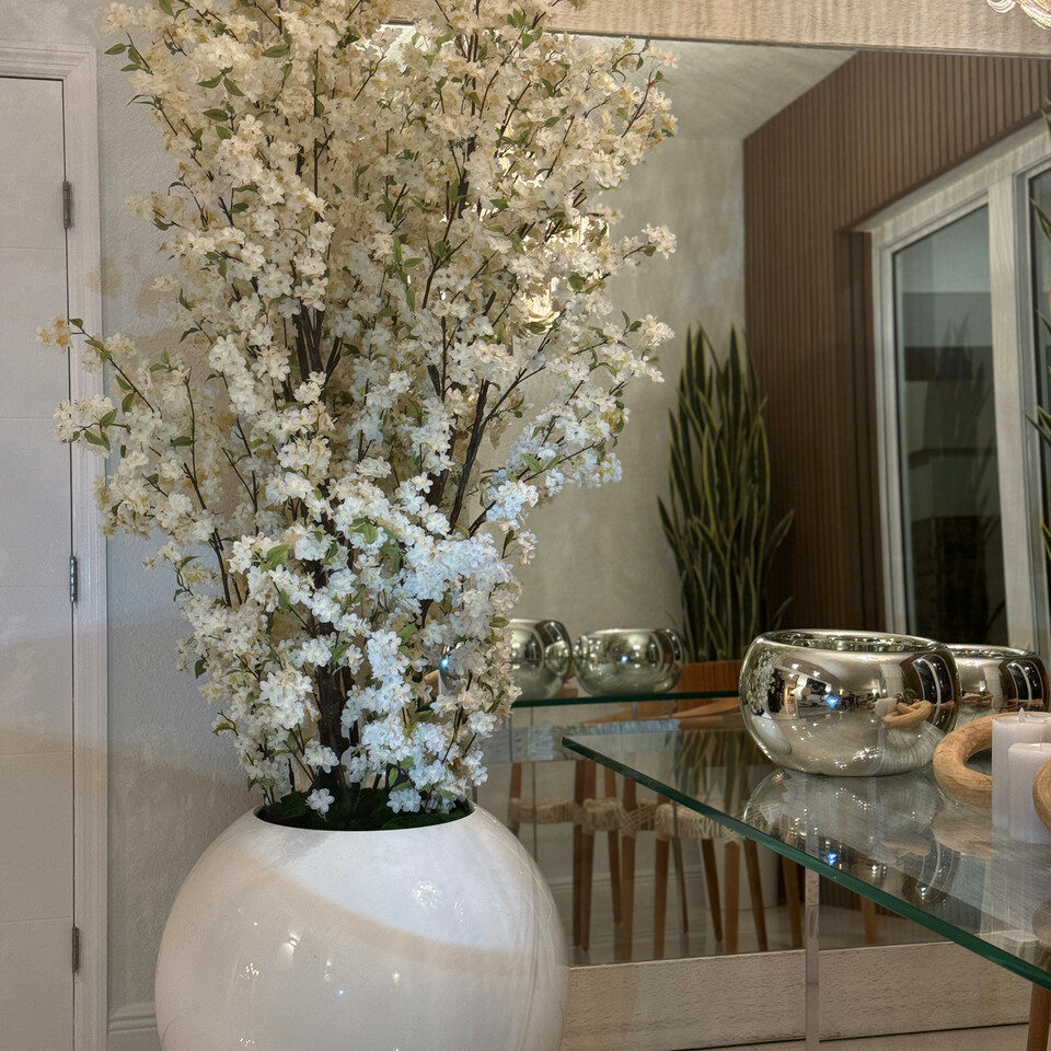 76 cm glossy white ball vase with white cherry branches