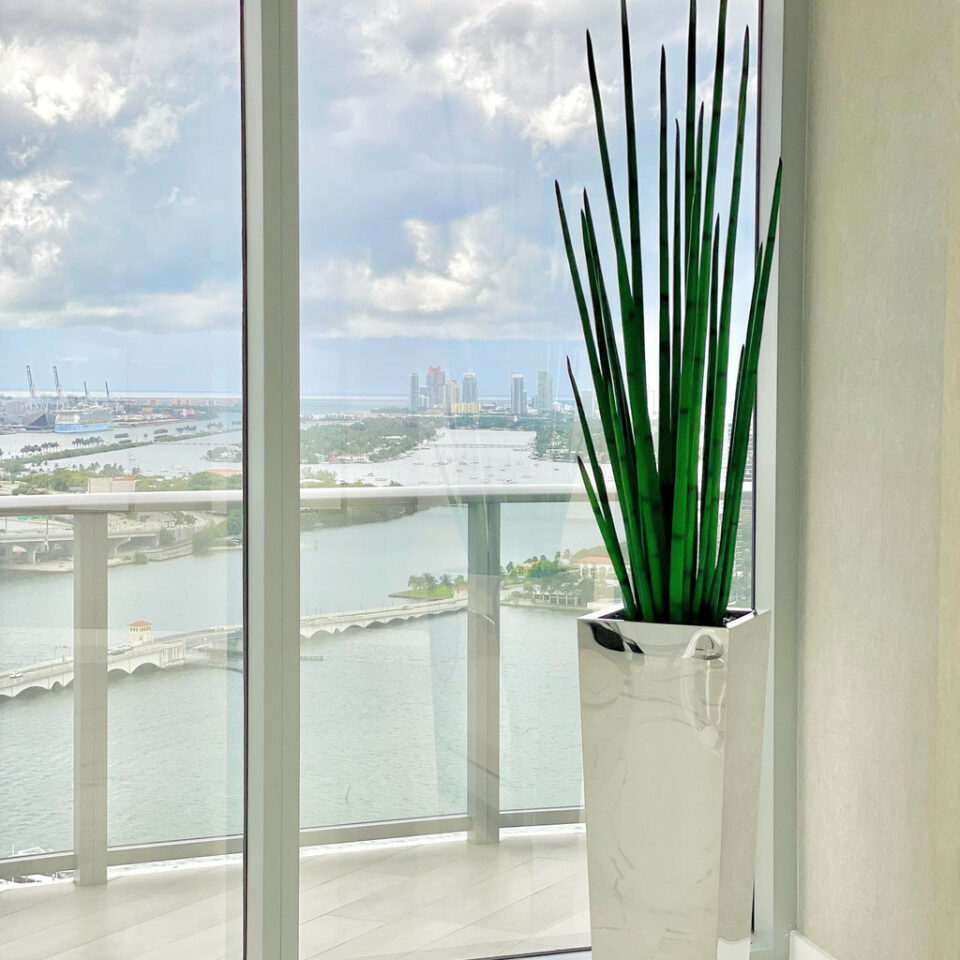 Stainless steel cube vase with snake grass