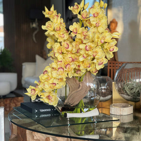 Yellow cymbidiums in a moon vase