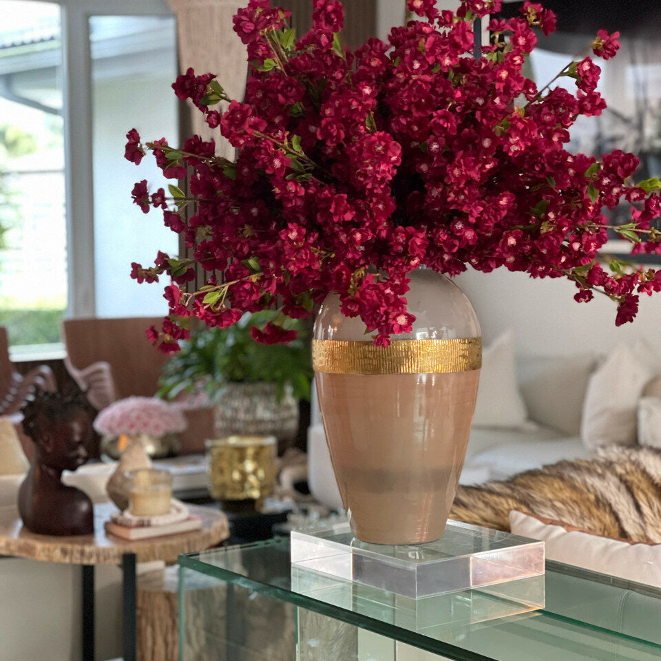 Goddess vase with burgundy cherry blossoms