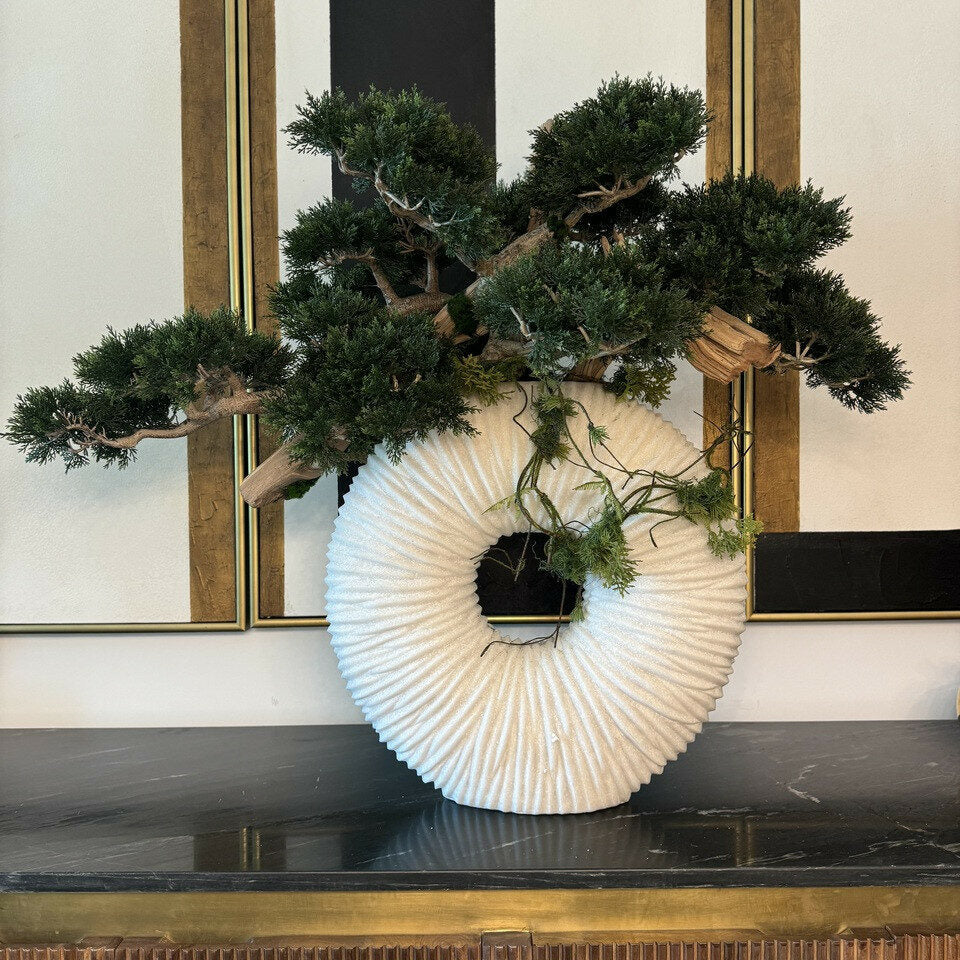 Large eternity vase with hanging bonsai and driftwood