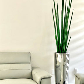 Large conical vase made of polished stainless steel with a large snake grass plant