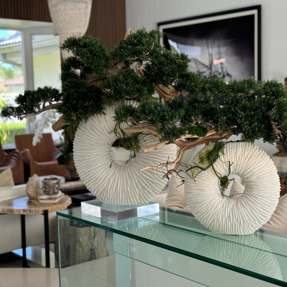 Large eternity vase with hanging bonsai and driftwood